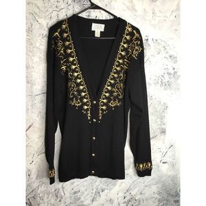 Vtg Casual Corner Womens Medium Black Long‎ Cardigan Button Up Gold Embroidered